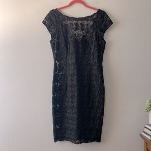 Vintage 90s Black Lace Dress | Size 8 | Midi Body Con | Sheer